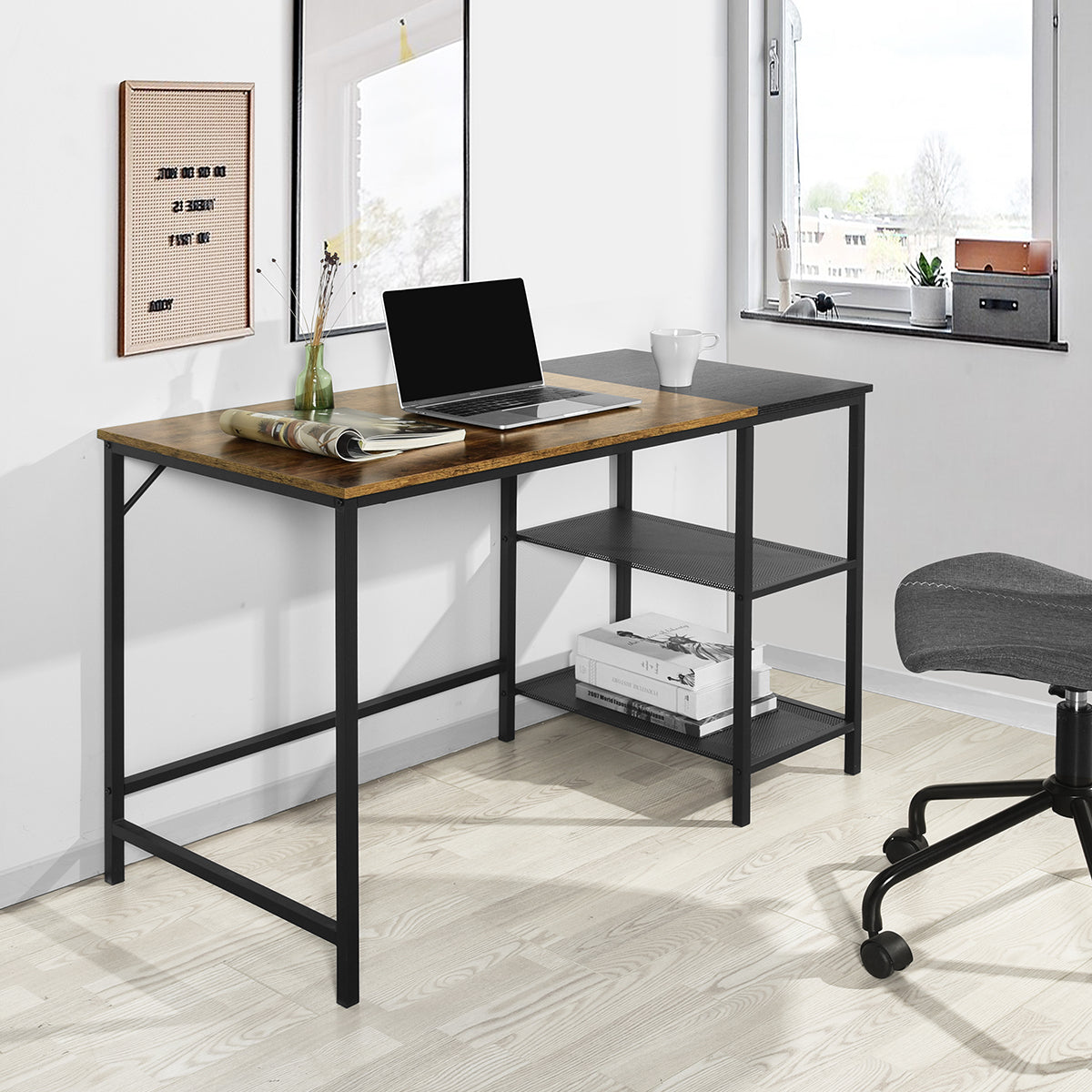 Bureau d'ordinateur FurnitureR 43,3" avec étagères de rangement, bureau de jeu industriel avec structure en métal, poste de travail pour bureau à domicile avec étagères latérales pour PC/ordinateur portable