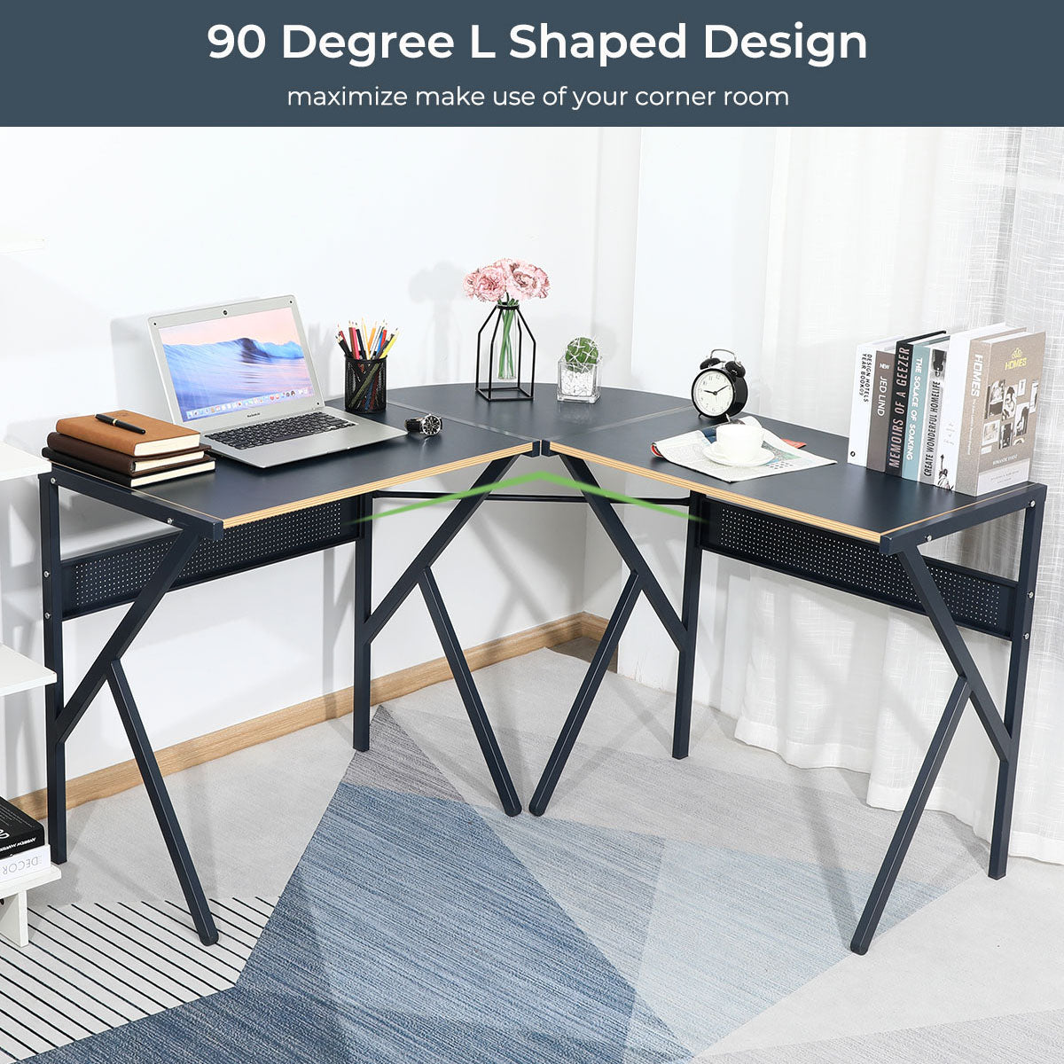 Bureau d'ordinateur en L FurnitureR pour bureau à domicile, bureau d'angle gaming de 125 cm avec structure en métal, poste de travail idéal pour les jeux, les études ou l'écriture