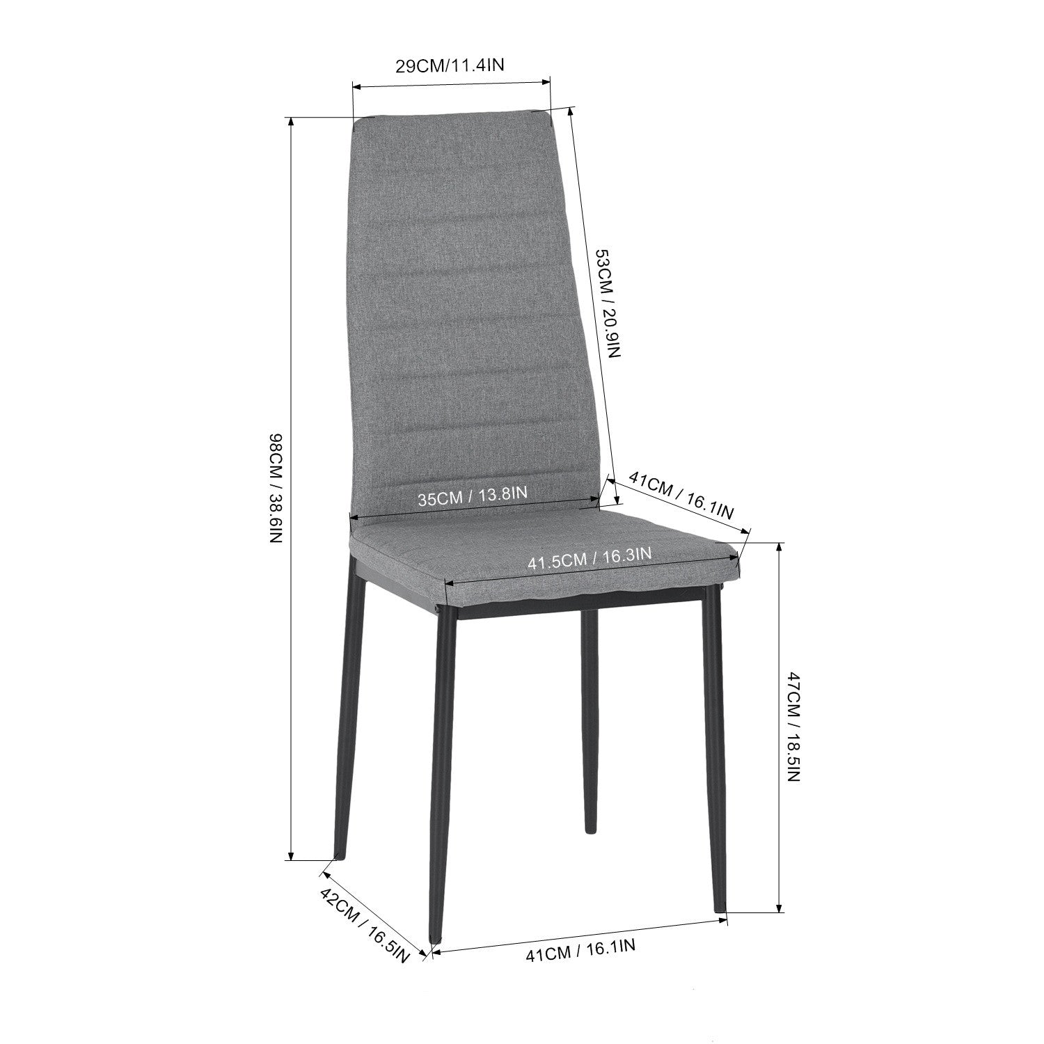 Ensemble de 4 chaises de salle à manger FurnitureR, rembourrées et revêtues de tissu, ergonomiques, à dossier haut et sans accoudoirs, pour la cuisine et la salle à manger, gain de place, grises