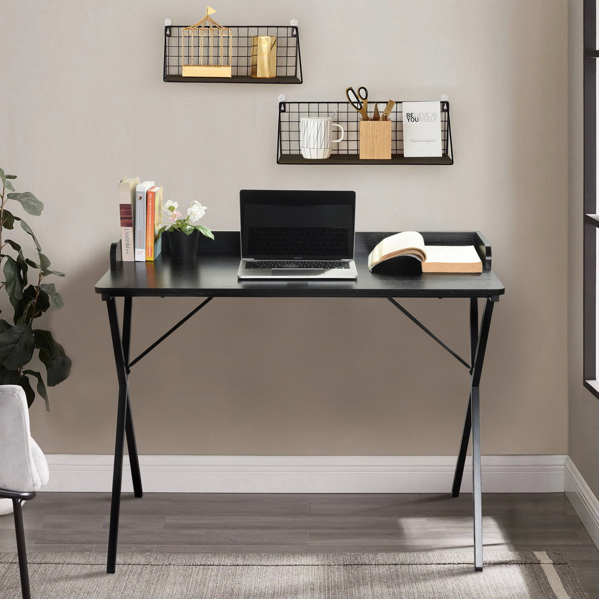 Bureau gaming FurnitureR 40", bureau d'ordinateur moderne avec structure métallique robuste en forme de X, bureau/table de travail pour la maison, idéal pour les jeux et les études, noir