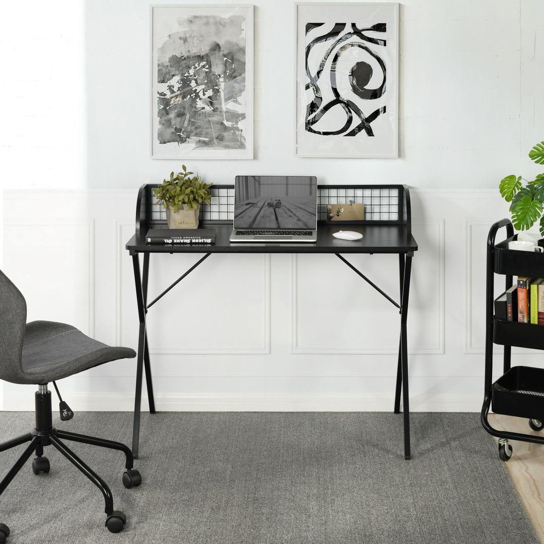 Bureau d'ordinateur FurnitureR 40" avec étagère de rangement grillagée, bureau gaming avec structure métallique robuste en forme de X, table de travail pour le travail et les études à domicile, noir