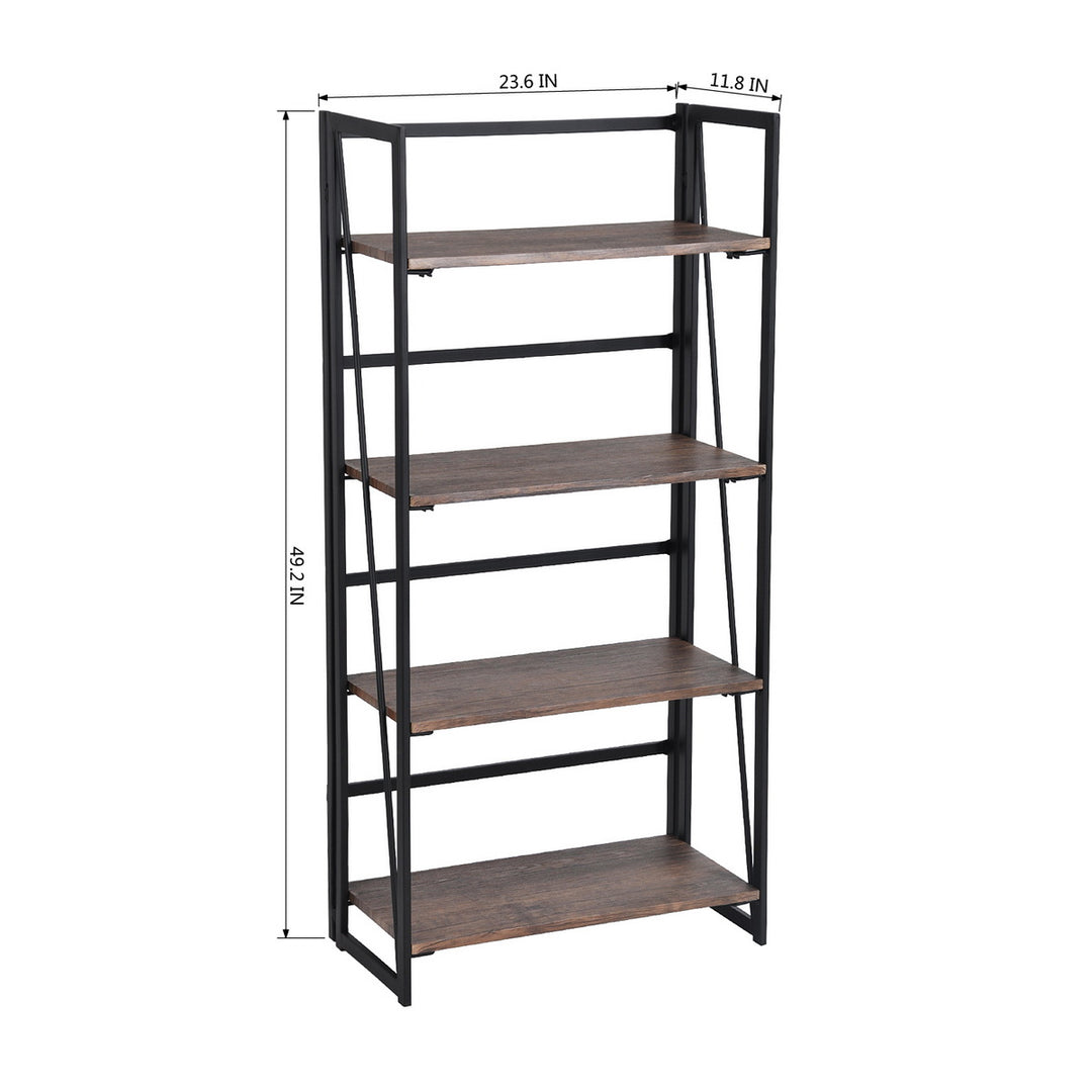 FurnitureR Folding 4-Tier Bookshelf Storage Rack, Metal Bookcase with Rustic Wood Shelves,  Foldable Home Organizer for Living Room, Office, Brown