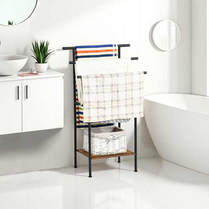 Porte-serviettes sur pied FurnitureR avec étagère en bois, échelle à couvertures en métal à 3 niveaux pour salle de bain et salon – Organisateur de serviettes, hauteur 102 cm (40,16 po)