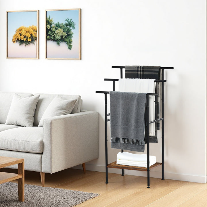 Porte-serviettes sur pied FurnitureR avec étagère en bois, échelle à couvertures en métal à 3 niveaux pour salle de bain et salon – Organisateur de serviettes, hauteur 102 cm (40,16 po)