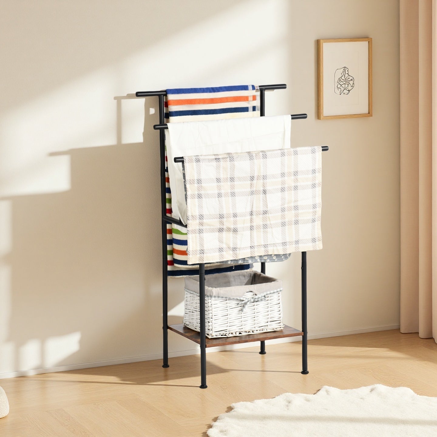Porte-serviettes sur pied FurnitureR avec étagère en bois, échelle à couvertures en métal à 3 niveaux pour salle de bain et salon – Organisateur de serviettes, hauteur 102 cm (40,16 po)