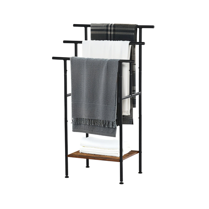 FurnitureR 1 pièce Porte-serviettes Noir, Support Moderne Triple Barre, Structure Métallique Solide, Plateau en Bois, Gain de Place Salle de Bain, Rangement Multifonctionnel, 100x60x34cm, Style Industriel