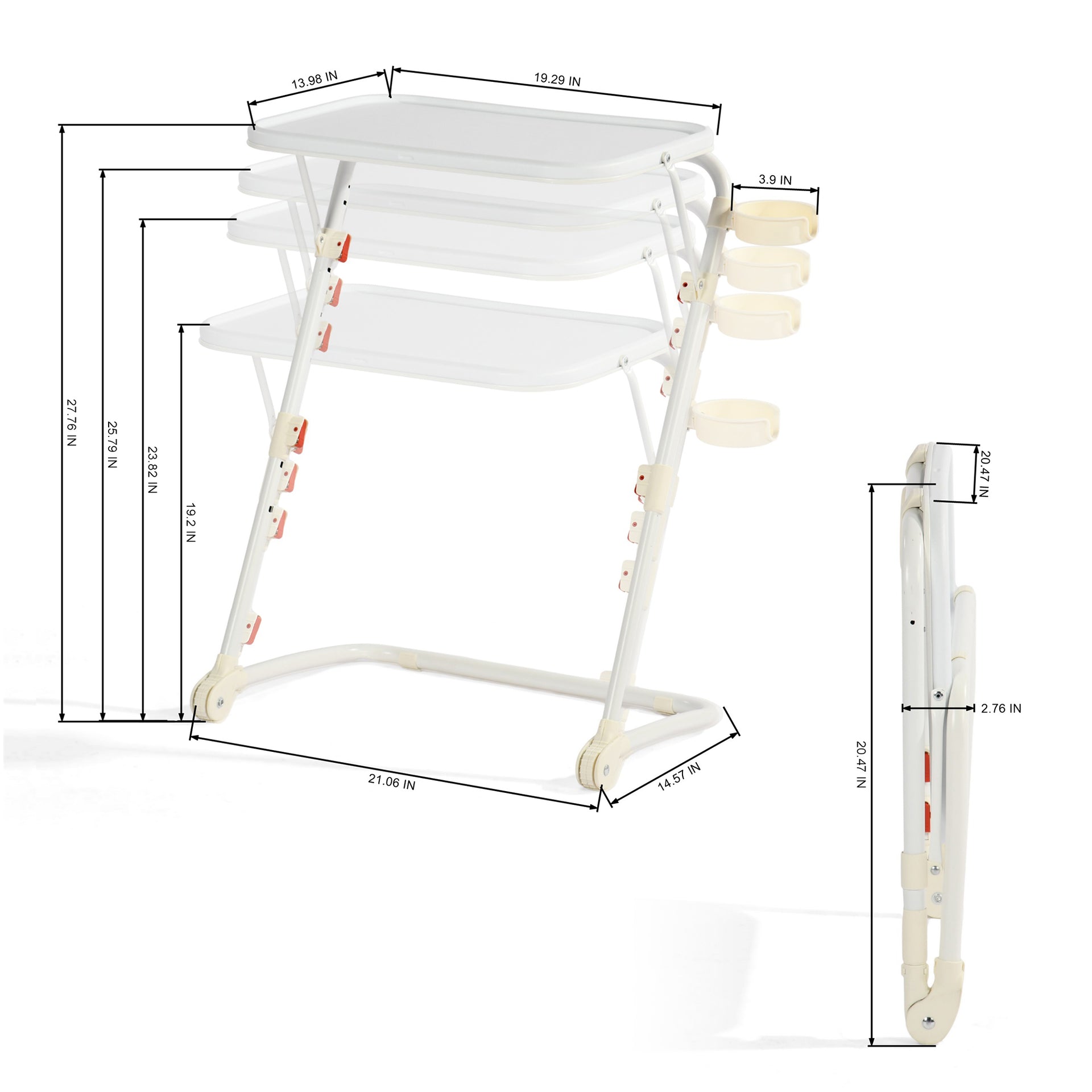 Plateau TV pliable et réglable FurnitureR avec 4 hauteurs et 3 angles d'inclinaison, plateau repas pliable, table d'appoint pour ordinateur portable ou canapé avec porte-gobelet, lot de 2. Blanc.