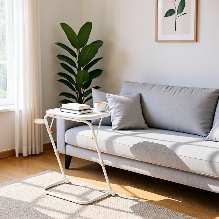 FurnitureR Adjustable Folding TV Tray with 4 Height & 3 Tilt Angle, Foldable Dinner Trays Laptop Snack Table with Cup Holder Sofa, 3PCS. White