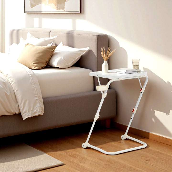 FurnitureR Adjustable Folding TV Tray with 4 Height & 3 Tilt Angle, Foldable Dinner Trays Laptop Snack Table with Cup Holder Sofa, 3PCS. White