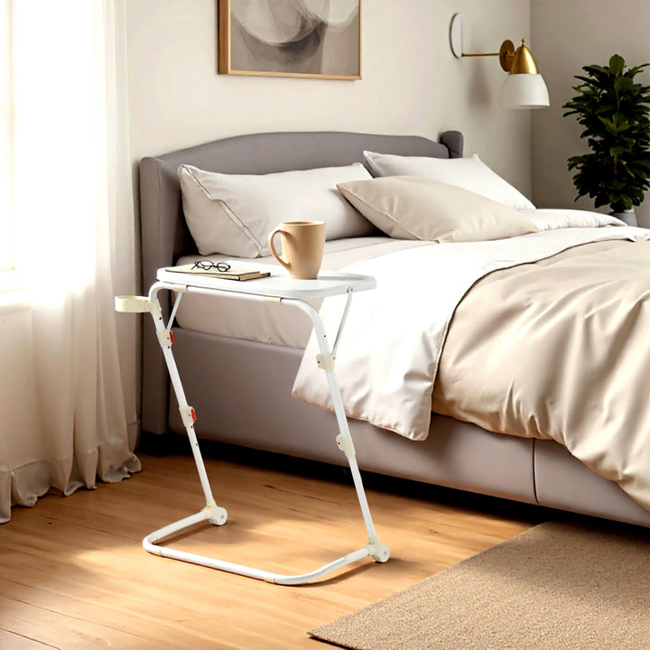 FurnitureR Adjustable Folding TV Tray with 4 Height & 3 Tilt Angle, Foldable Dinner Trays Laptop Snack Table with Cup Holder Sofa, 3PCS. White