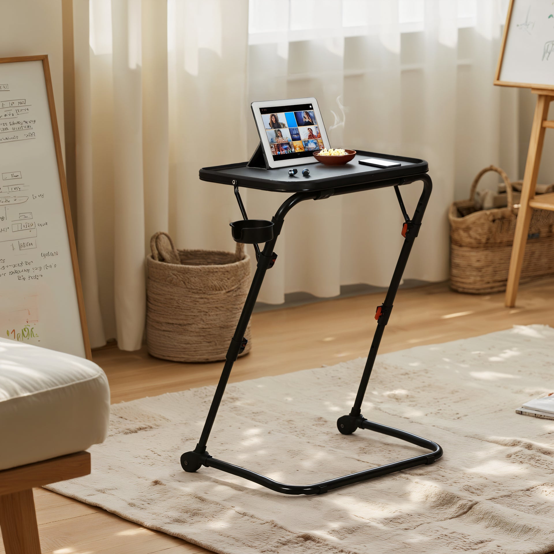 Furniture R Table D'appoint Portable Pliable avec Porte-Gobelet, Support pour Ordinateur Portable en Métal Noir pour la Chambre à Coucher, Plateau Polyvalent, Hauteur et Angle réglables, 53x37x70cm