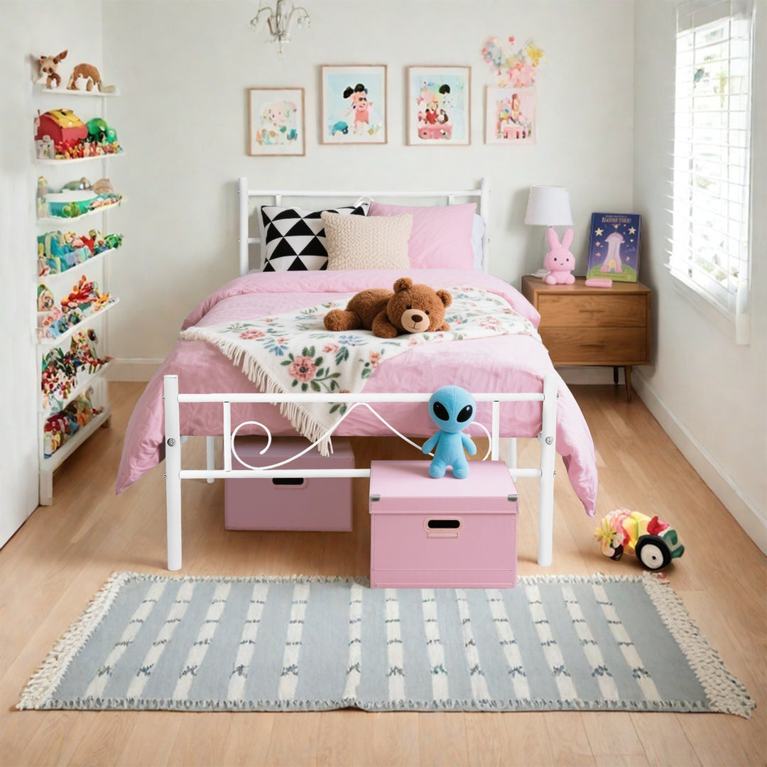 FurnitureR Lit une place blanc, cadre plateforme moderne, métal robuste avec design décoratif, idéal chambre adulte ou ado, style épuré, gain de place, hauteur 80cm, 197x91,5cm, facile à intégrer