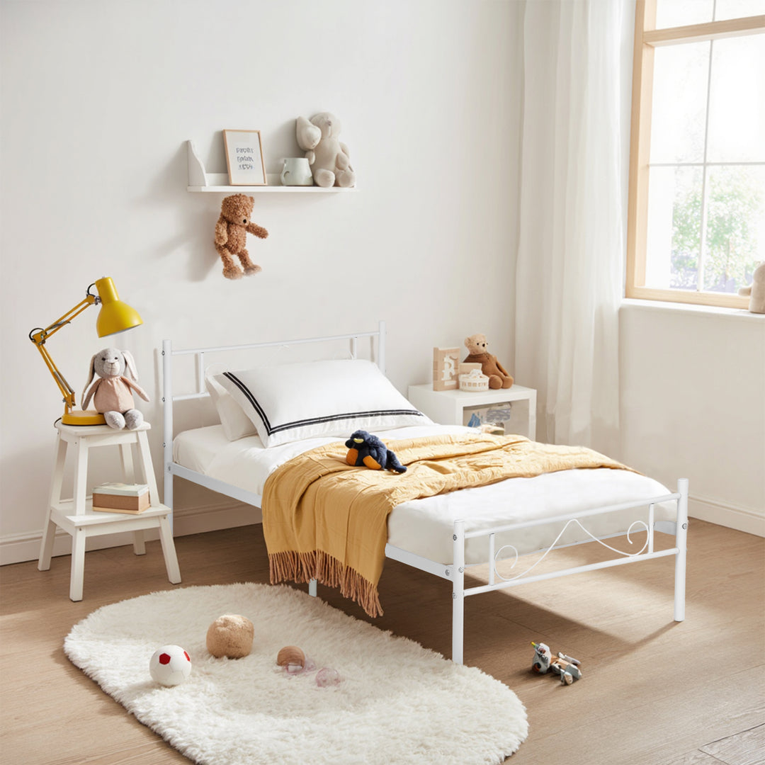 FurnitureR Lit une place blanc, cadre plateforme moderne, métal robuste avec design décoratif, idéal chambre adulte ou ado, style épuré, gain de place, hauteur 80cm, 197x91,5cm, facile à intégrer