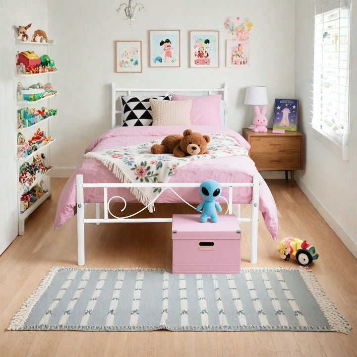 FurnitureR Lit une place blanc, cadre plateforme moderne, métal robuste avec design décoratif, idéal chambre adulte ou ado, style épuré, gain de place, hauteur 80cm, 197x91,5cm, facile à intégrer