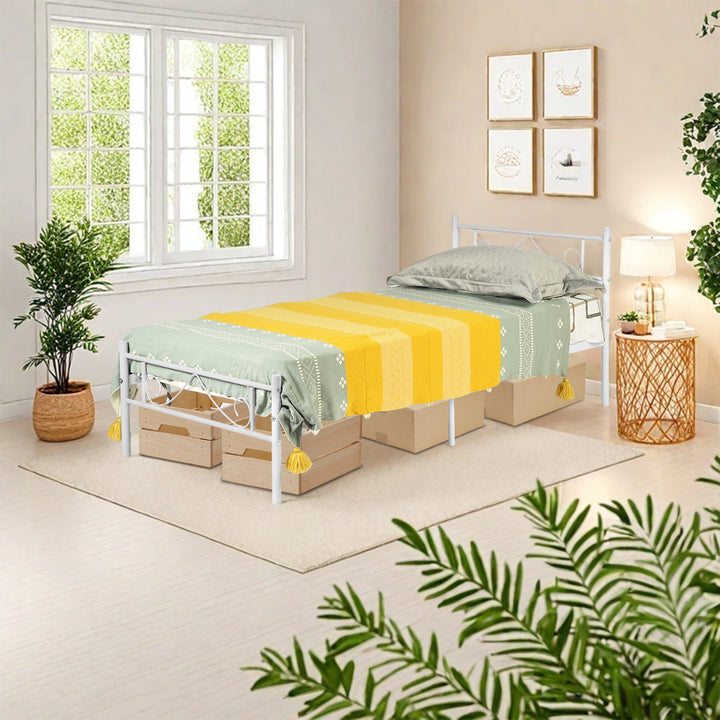 FurnitureR Lit une place blanc, cadre plateforme moderne, métal robuste avec design décoratif, idéal chambre adulte ou ado, style épuré, gain de place, hauteur 80cm, 197x91,5cm, facile à intégrer