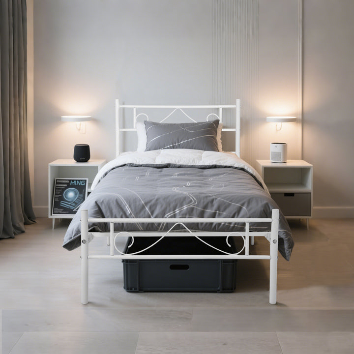 FurnitureR Lit une place blanc, cadre plateforme moderne, métal robuste avec design décoratif, idéal chambre adulte ou ado, style épuré, gain de place, hauteur 80cm, 197x91,5cm, facile à intégrer