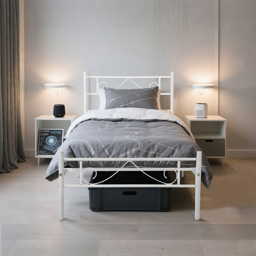 FurnitureR Metallbettgestell (Einzelbettgröße) mit Kopf- und Fußteil, Plattformbett mit Stauraum unter dem Bett, geräuscharm, weiß