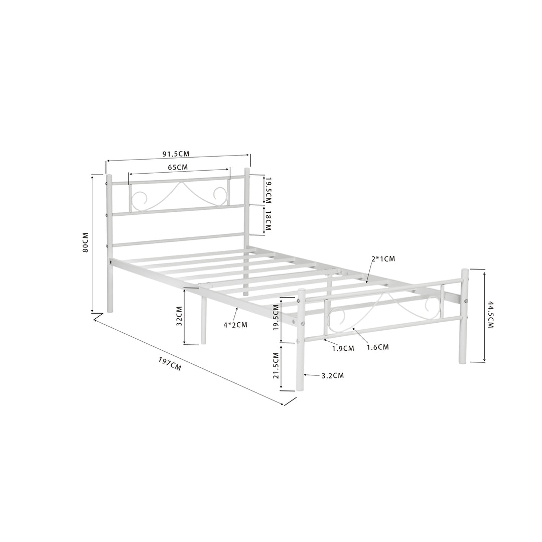 FurnitureR Lit une place blanc, cadre plateforme moderne, métal robuste avec design décoratif, idéal chambre adulte ou ado, style épuré, gain de place, hauteur 80cm, 197x91,5cm, facile à intégrer