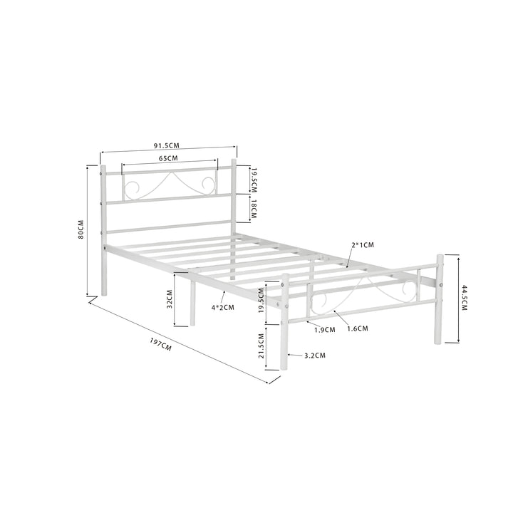 FurnitureR Lit une place blanc, cadre plateforme moderne, métal robuste avec design décoratif, idéal chambre adulte ou ado, style épuré, gain de place, hauteur 80cm, 197x91,5cm, facile à intégrer
