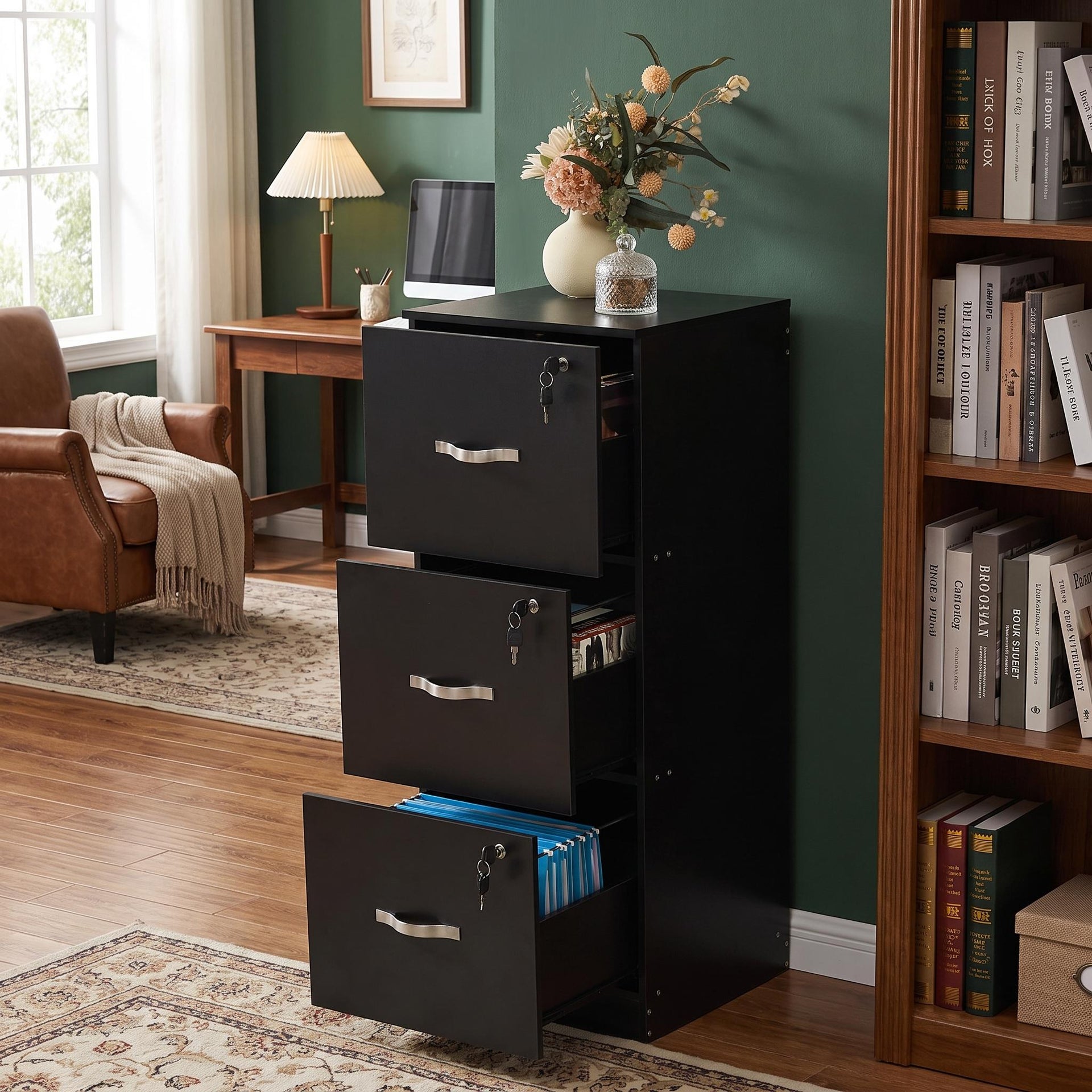 Classeur vertical à 3 tiroirs FurnitureR avec serrure, format lettre/légal, rangement intégré, noir