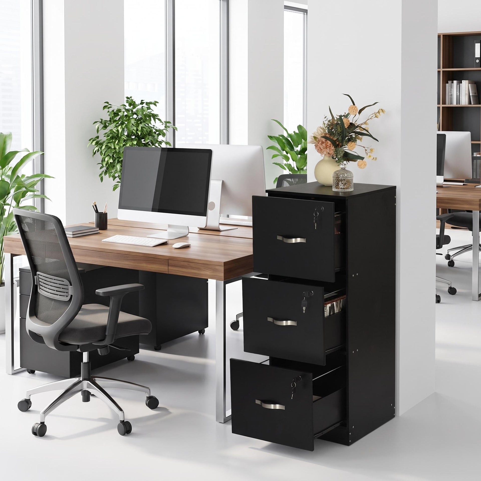 Classeur vertical à 3 tiroirs FurnitureR avec serrure, format lettre/légal, rangement intégré, noir