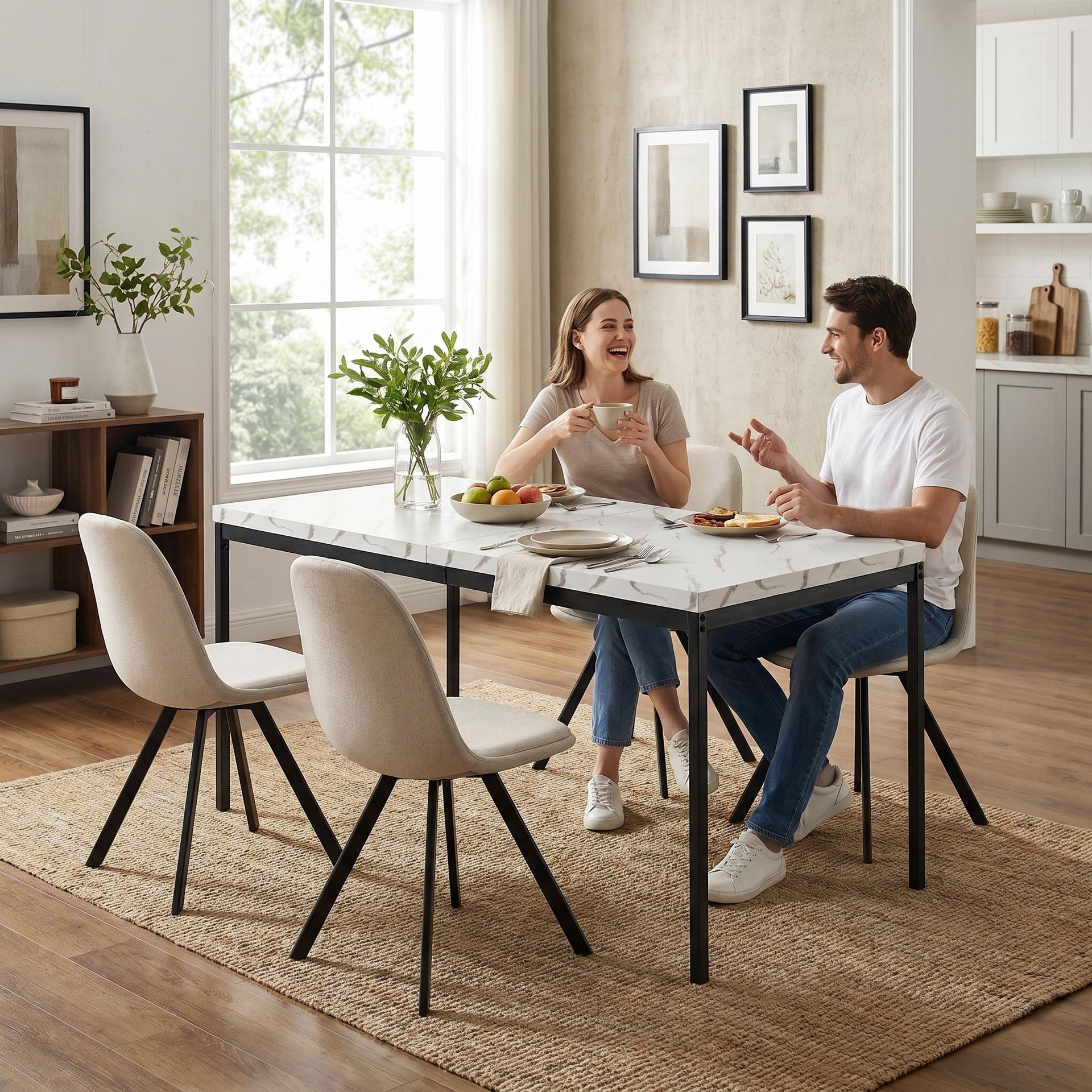 FurnitureR 5-Piece Dining Table Set with Faux Marble Table and 4 Swivel Upholstered Chairs, Modern Kitchen & Dining Room Furniture Set, Beige