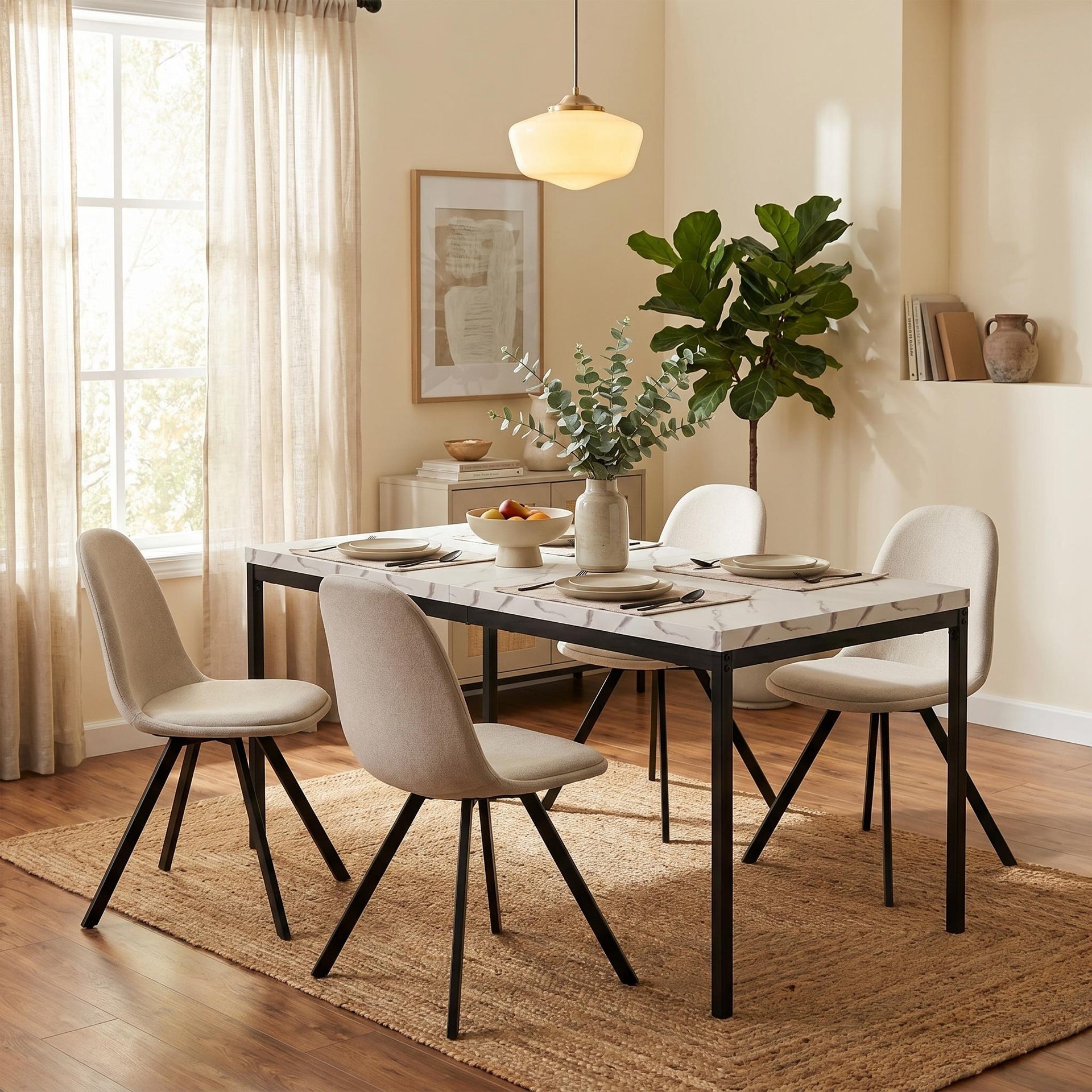FurnitureR 5-Piece Dining Table Set with Faux Marble Table and 4 Swivel Upholstered Chairs, Modern Kitchen & Dining Room Furniture Set, Beige
