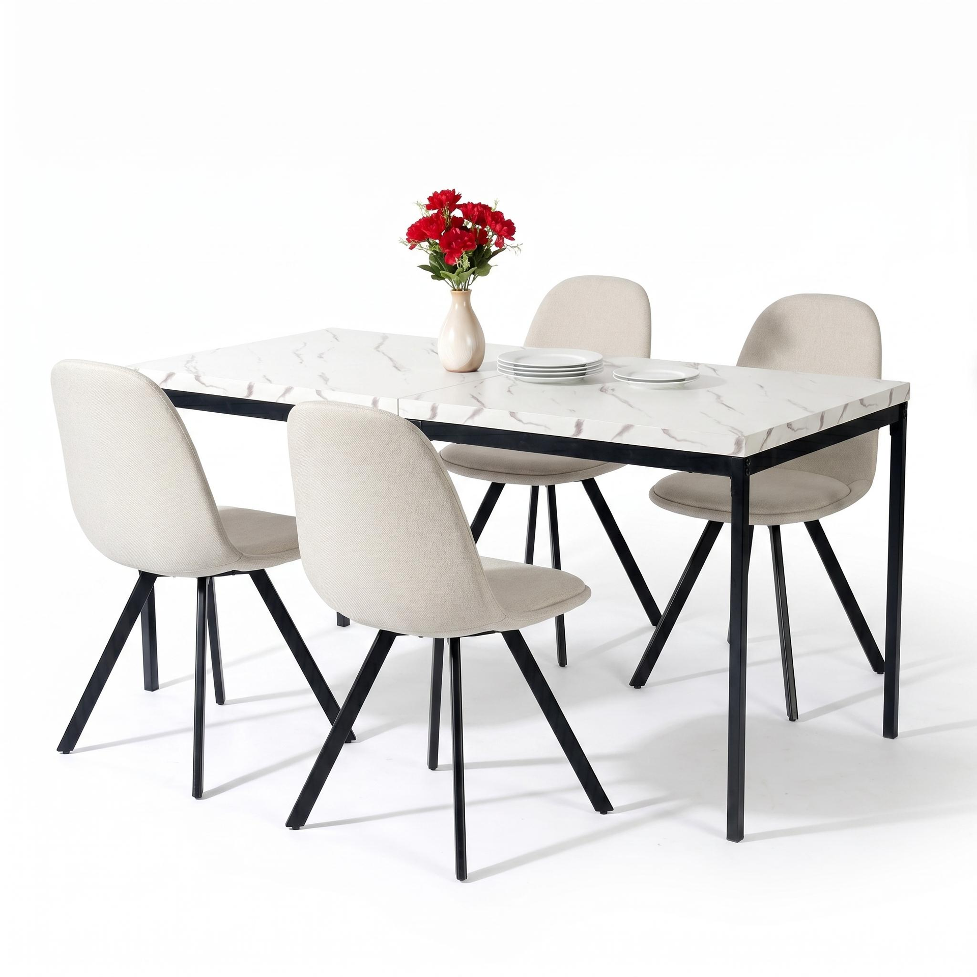 FurnitureR 5-Piece Dining Table Set with Faux Marble Table and 4 Swivel Upholstered Chairs, Modern Kitchen & Dining Room Furniture Set, Beige