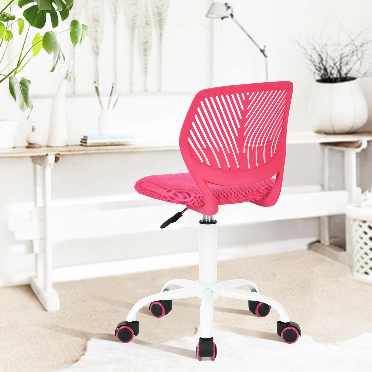 Chaise de bureau FurnitureR sans accoudoirs, mignonne, ergonomique, pivotante, réglable, à roulettes, légère, rose vif