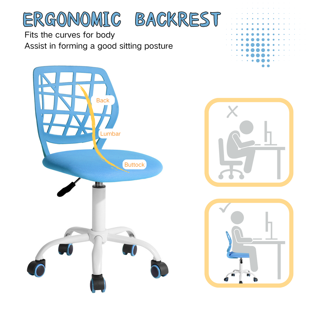 Chaise de bureau FurnitureR, chaise de travail réglable pour ordinateur, avec dossier en plastique et assise rembourrée, pivotante et à roulettes, bleue.