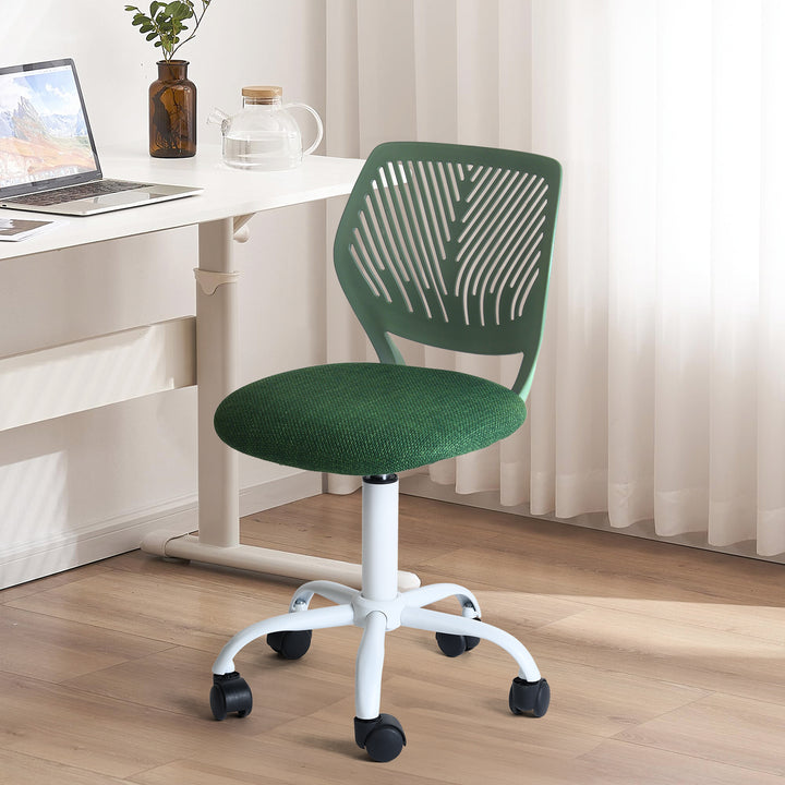 Chaise de bureau FurnitureR, chaise de bureau sans accoudoirs avec coussin rembourré en tissu et dossier mi-haut en plastique, pivotante et réglable, vert foncé.
