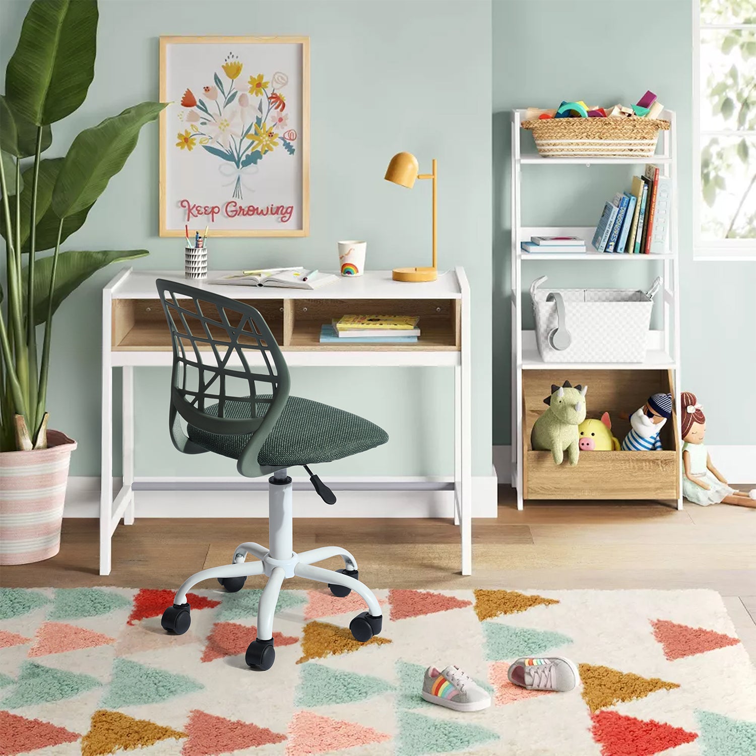 Chaise de bureau FurnitureR, chaise d'ordinateur réglable avec dossier en plastique et assise rembourrée, pivotante et à roulettes, vert foncé