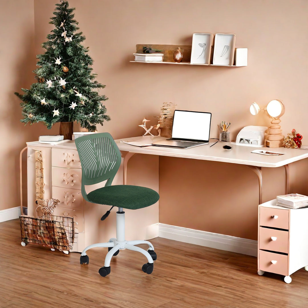 Chaise de bureau FurnitureR, chaise de bureau sans accoudoirs avec coussin rembourré en tissu et dossier mi-haut en plastique, pivotante et réglable, vert foncé.