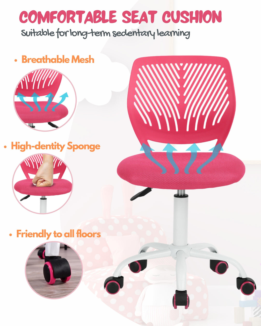 Furniture R Growing Teen Office Chair ,Ergonomic Plastic Task Chair With Adjustable Height And Swivel Function