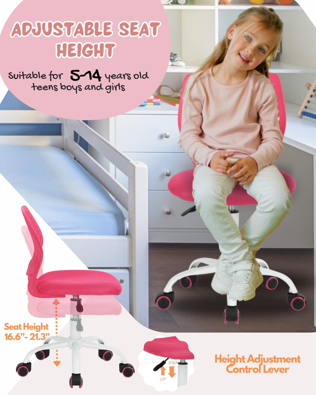 Furniture R Growing Teen Office Chair ,Ergonomic Plastic Task Chair With Adjustable Height And Swivel Function