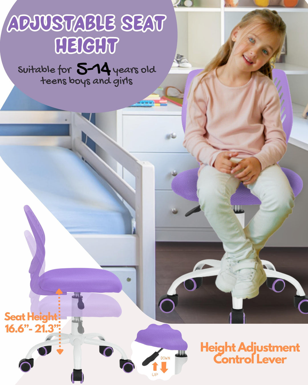 Furniture R Growing Teen Office Chair ,Ergonomic Plastic Task Chair With Adjustable Height And Swivel Function