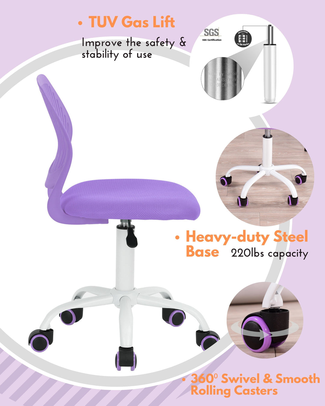 Furniture R Growing Teen Office Chair ,Ergonomic Plastic Task Chair With Adjustable Height And Swivel Function