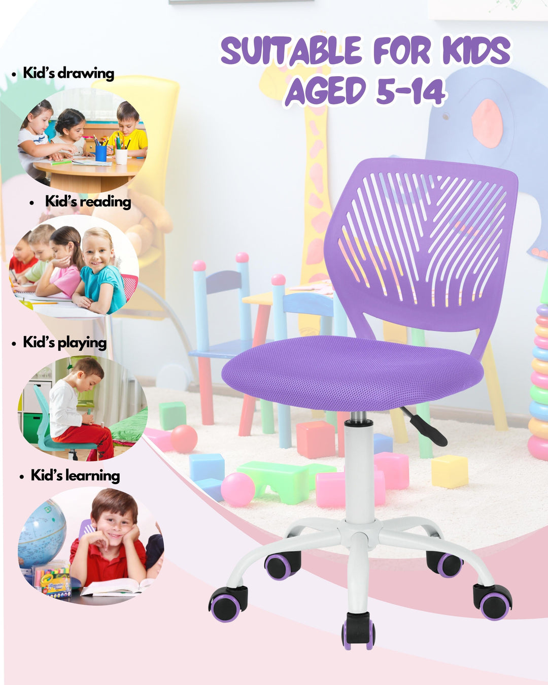 Furniture R Growing Teen Office Chair ,Ergonomic Plastic Task Chair With Adjustable Height And Swivel Function