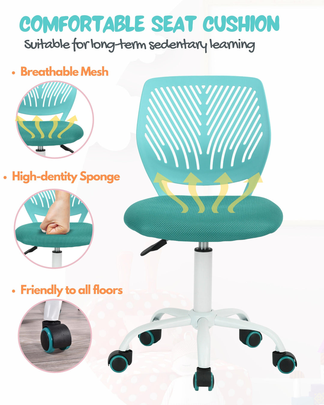 Furniture R Growing Teen Office Chair ,Ergonomic Plastic Task Chair With Adjustable Height And Swivel Function