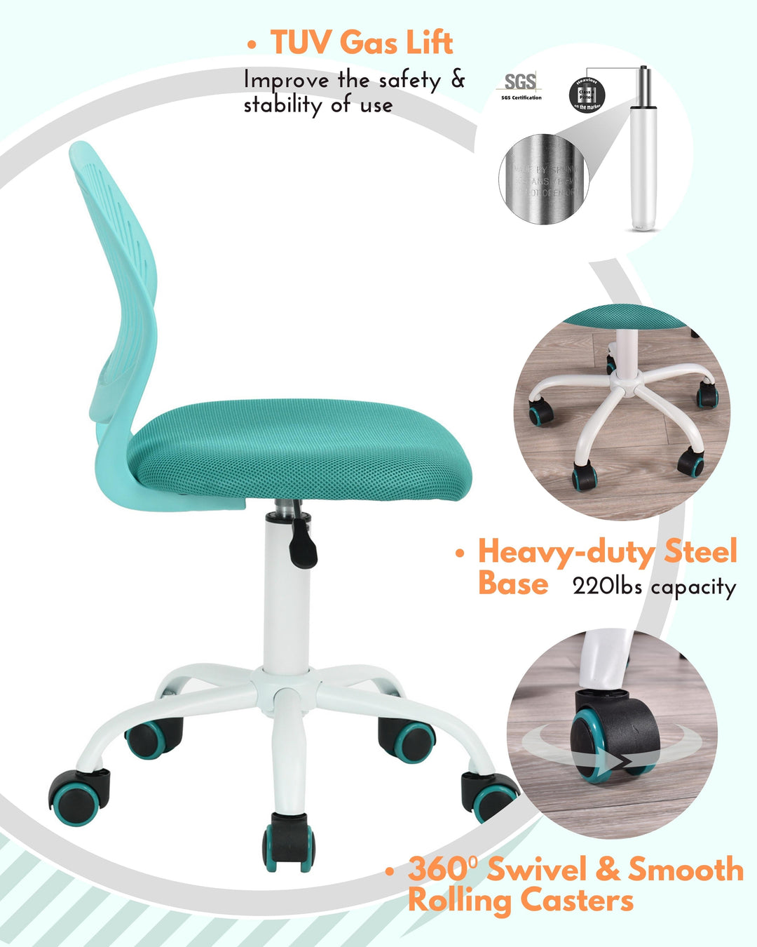 Furniture R Growing Teen Office Chair ,Ergonomic Plastic Task Chair With Adjustable Height And Swivel Function