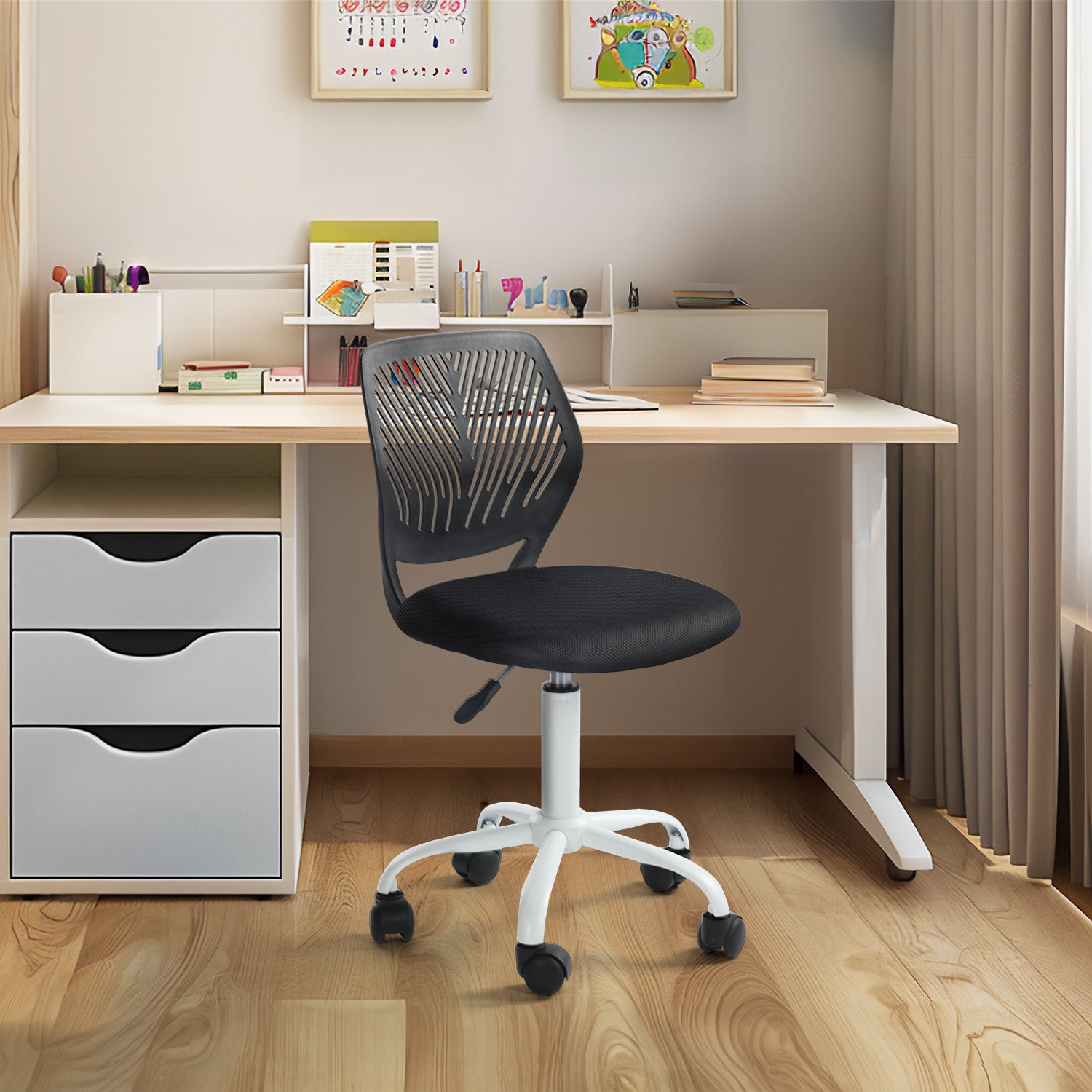 FurnitureR Chaise de Bureau Ergonomique en Mesh Noir avec Base Métal Blanc