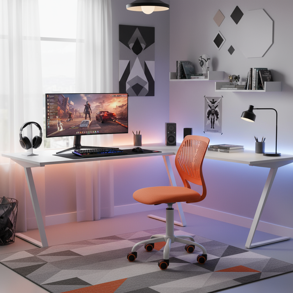 FurnitureR Chaise de Bureau Ergonomique Tissu Orange avec Roulettes Roses