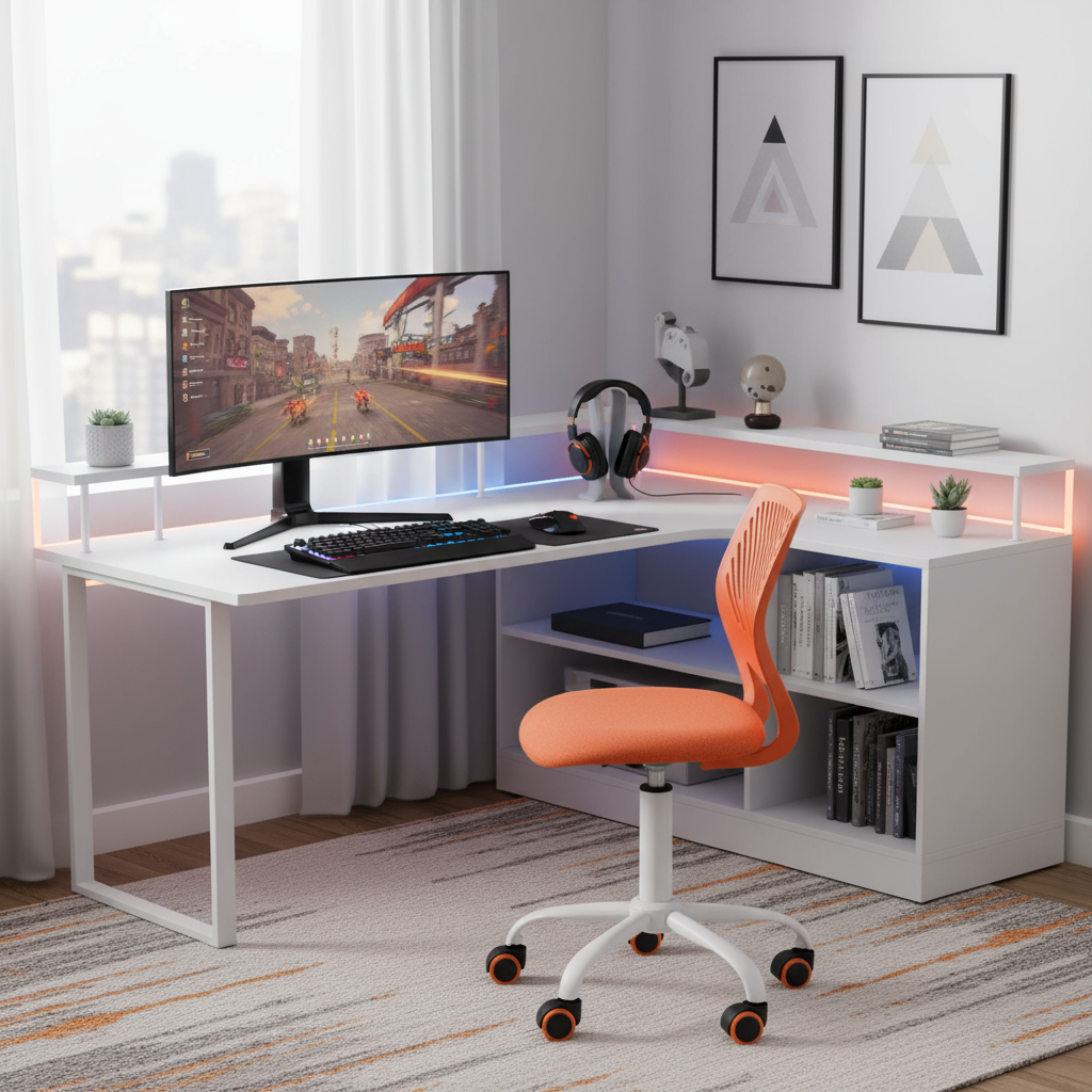 FurnitureR Chaise de Bureau Ergonomique Tissu Orange avec Roulettes Roses