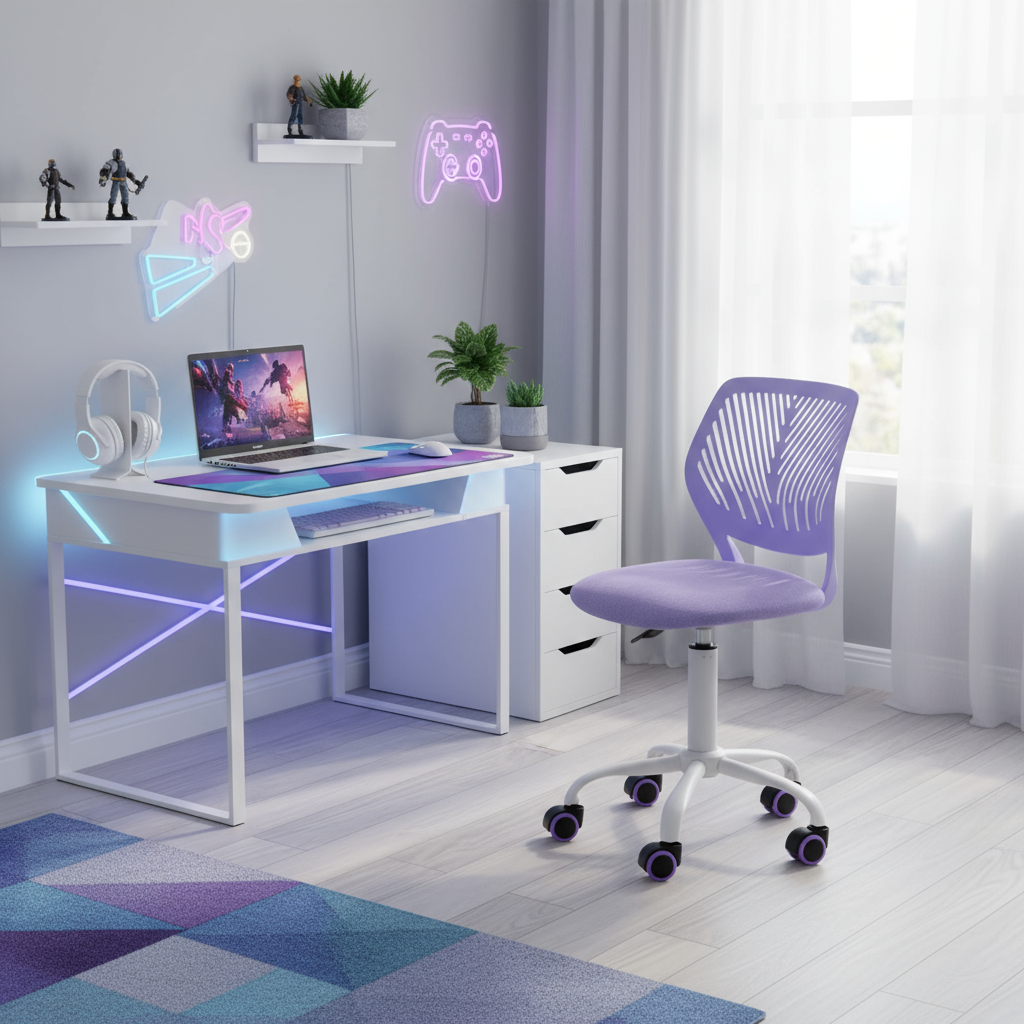 FurnitureR Chaise de Bureau Iris Lilas Tissu avec Roulettes PU Roses et Base Métal Blanc