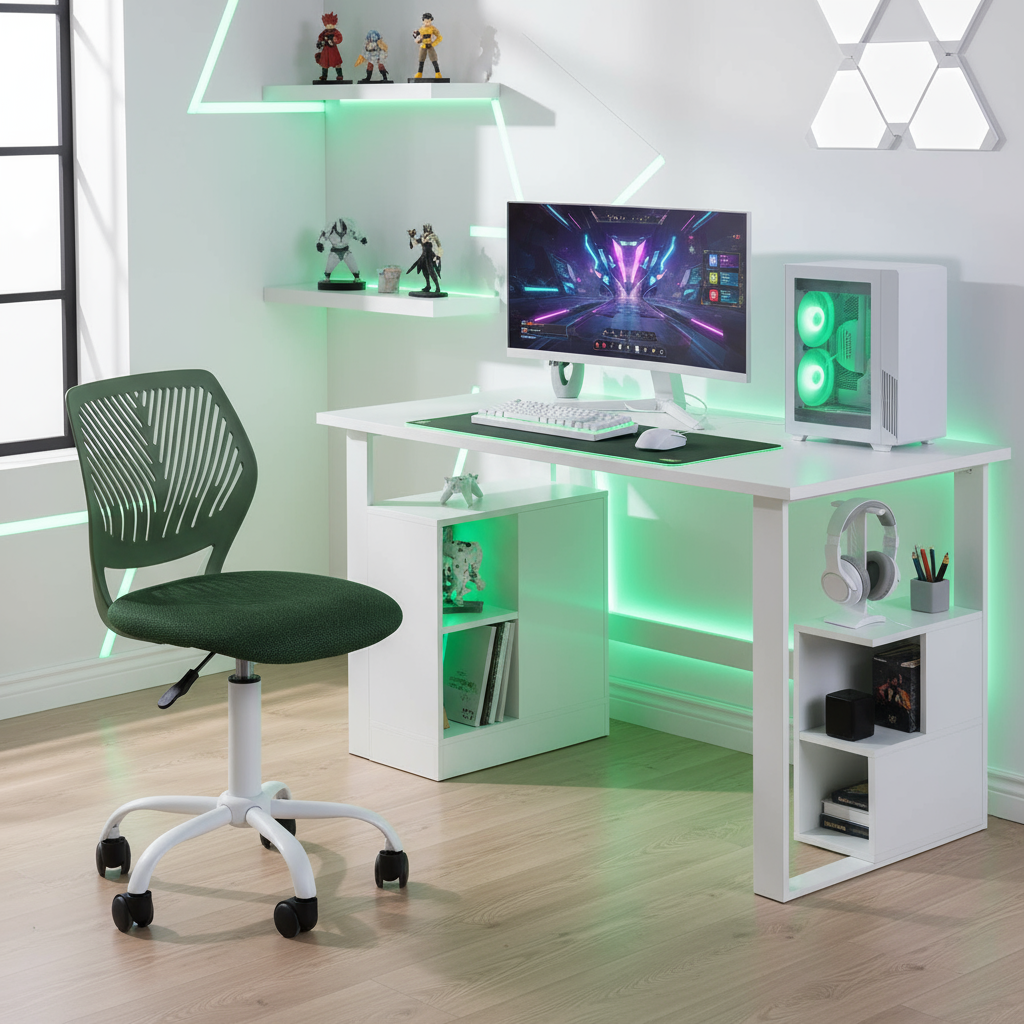 FurnitureR Chaise de Bureau Ergonomique Mesh Vert Pieds Blancs
