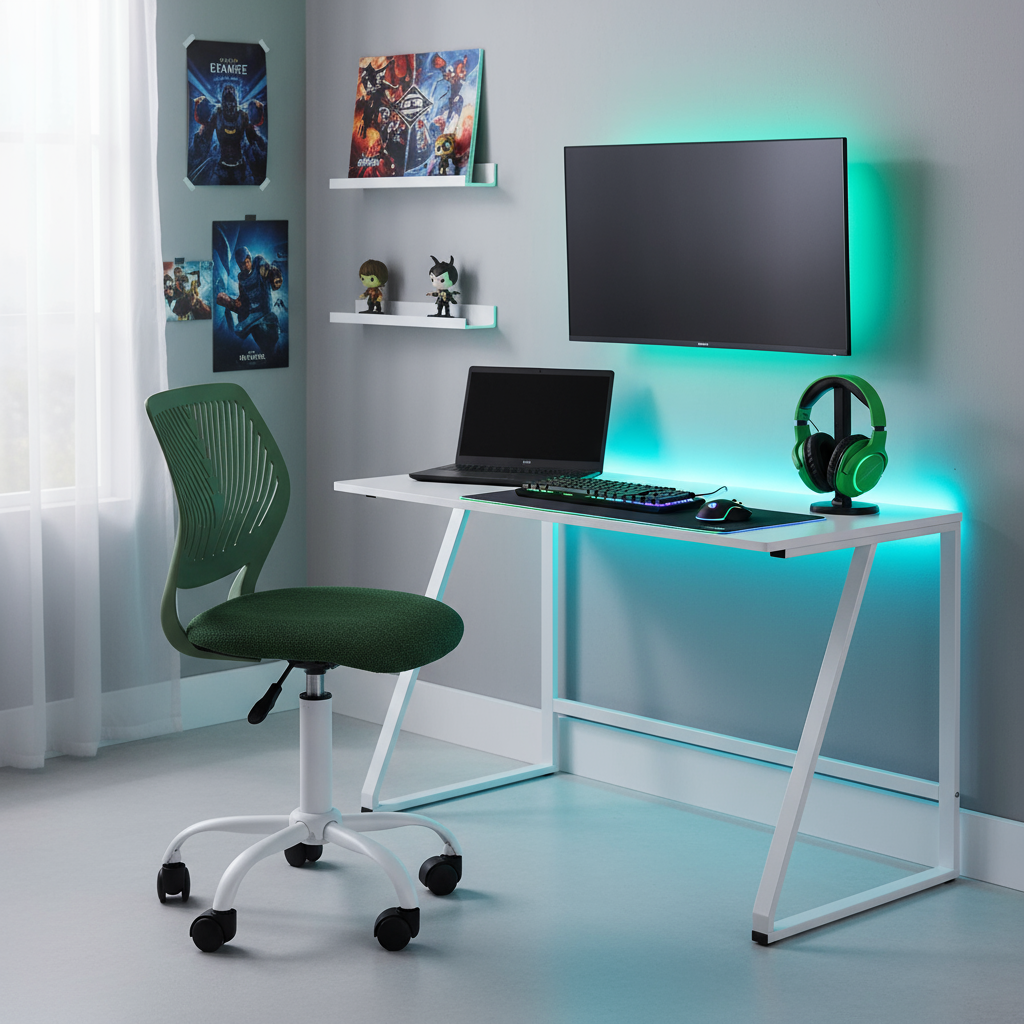 FurnitureR Chaise de Bureau Ergonomique Mesh Vert Pieds Blancs