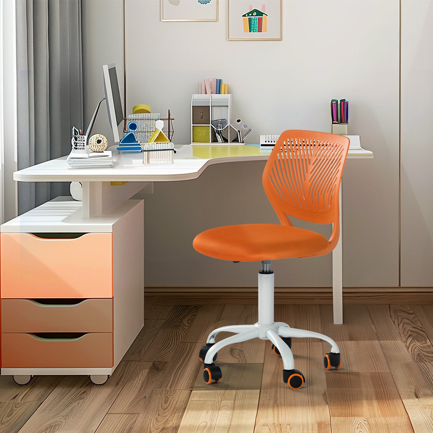 FurnitureR Chaise de Bureau Ergonomique Orange Mesh & Base Métal Blanc