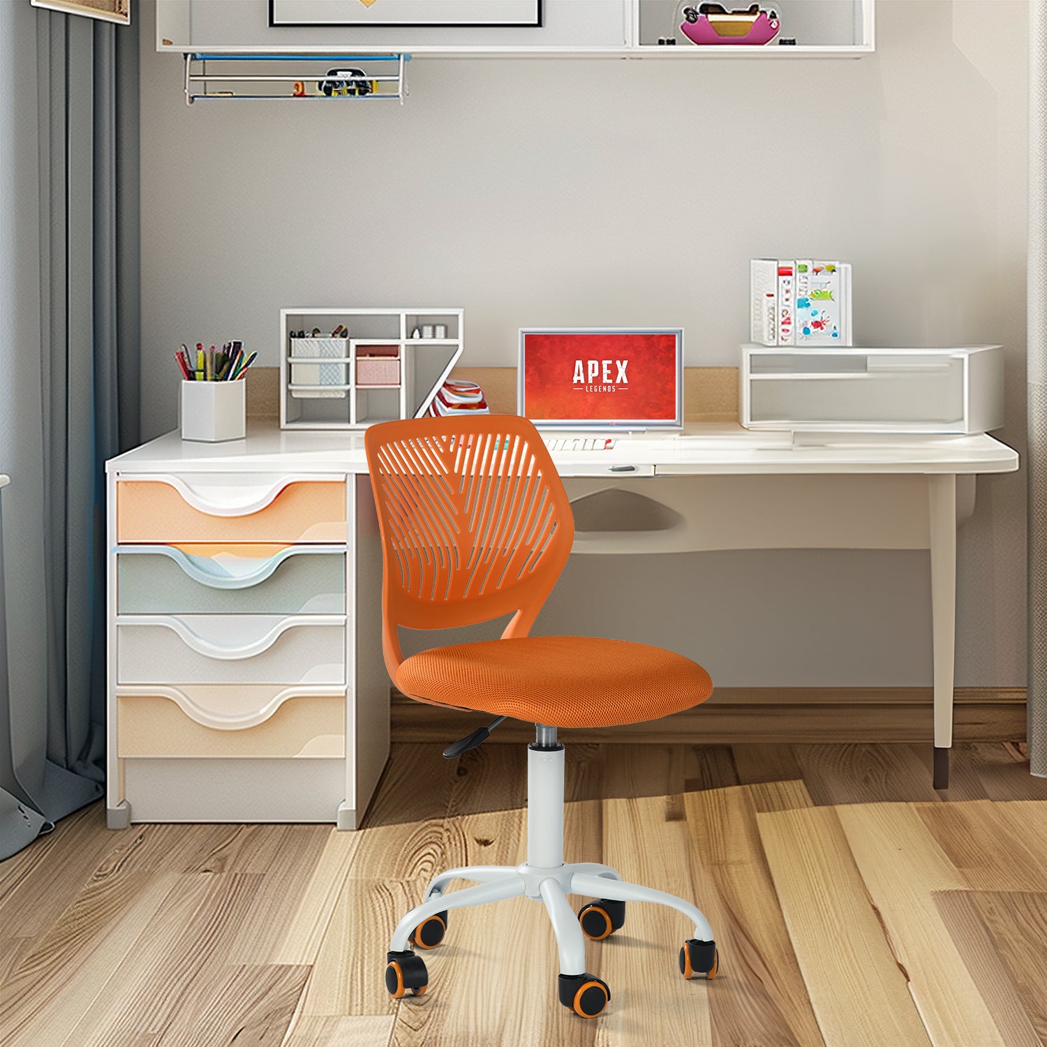FurnitureR Chaise de Bureau Ergonomique Orange Mesh & Base Métal Blanc