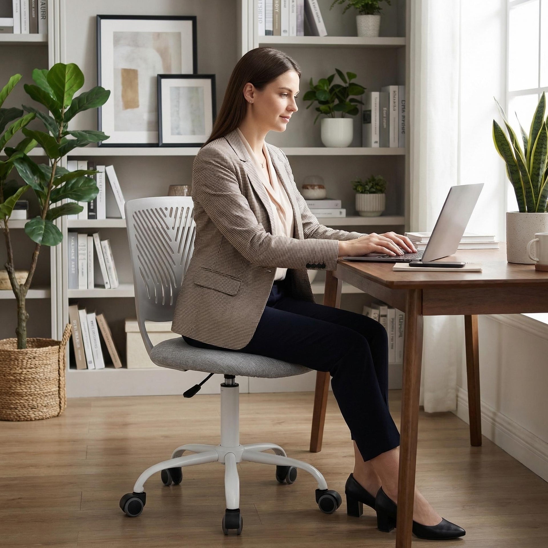 FurnitureR Chaise de Bureau Ergonomique en Tissu Gris avec Base Métal Blanc