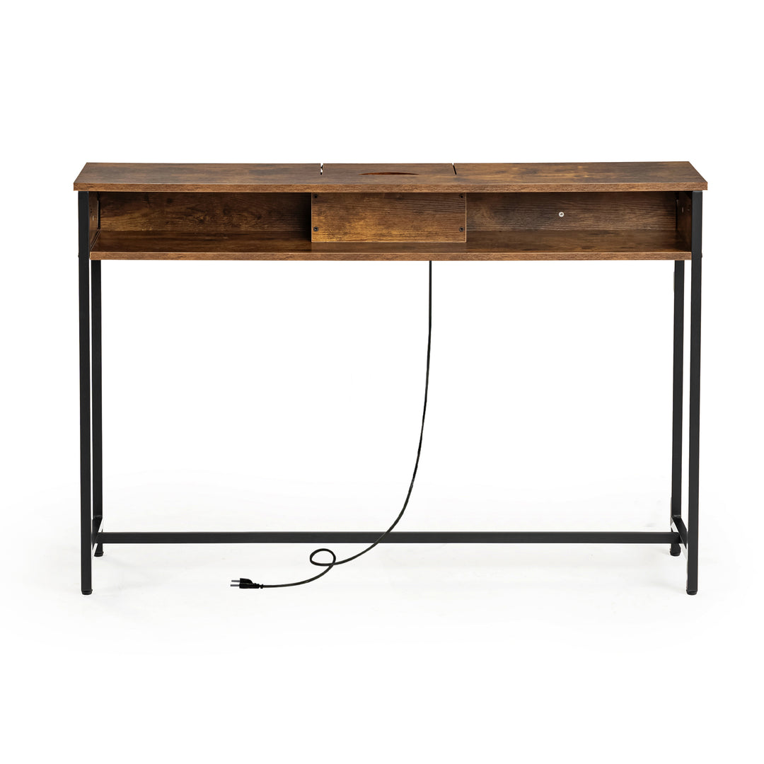 Console étroite avec station de recharge et prise électrique, table d'appoint compacte à placer derrière un canapé, 120 cm, marron